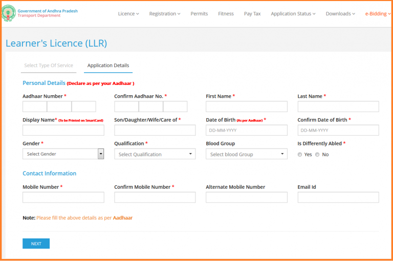 AP Driving Licence LLR Apply Online, Status Check
