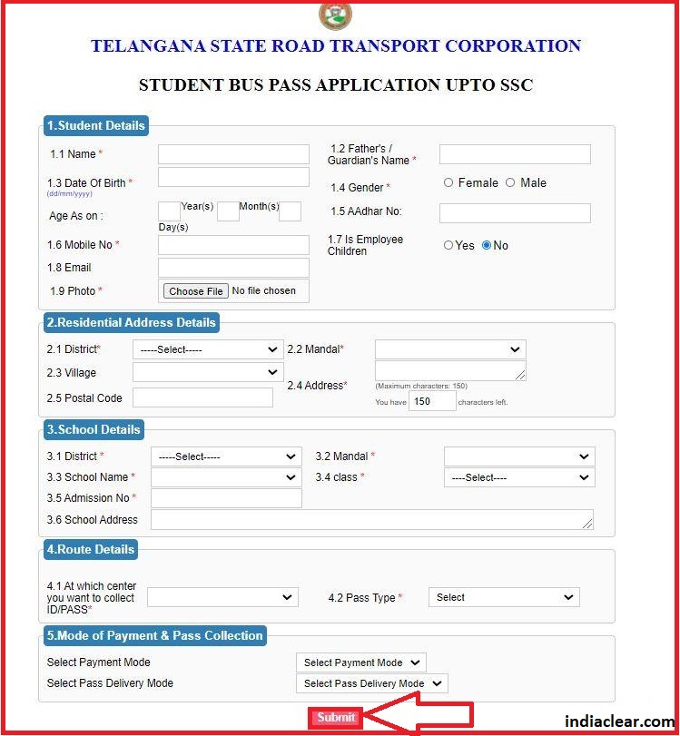 tsrtc student bus pass application form download pdf