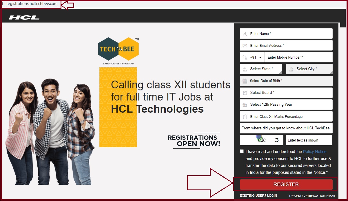 HCL Tech Bee Registration 2023 Application at